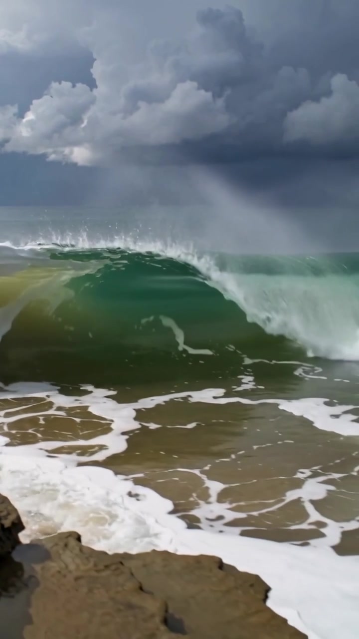 Vertical video: Gusts lifting swell from horizon, wave curling into barrel and breaking onto rocks