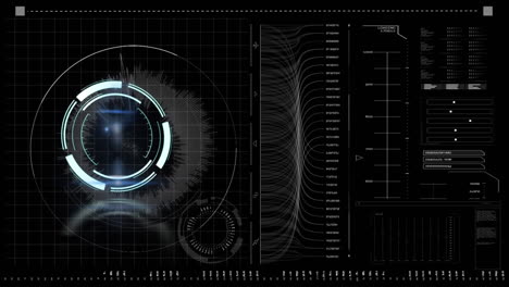 Animation of data processing and scope scanning on black background