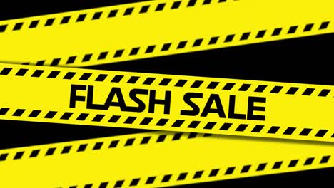 animation of flash sale text on yellow hazard tape, with green smoke explosion on black background