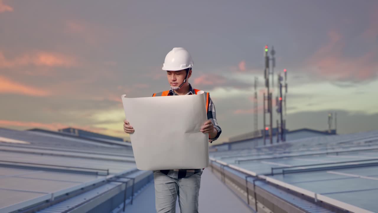 Tampilan Depan Insinyur Pria Asia Melihat Cetak Biru di Tangannya Sambil Berjalan di Atap Industri dengan Panel Surya.