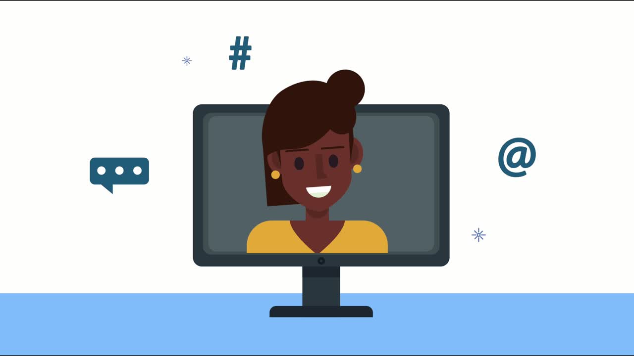 donna afro con simboli di social media sul desktop