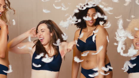 plumas cayendo sobre un grupo de mujeres positivas amigos uno con extremidad protésica en ropa interior