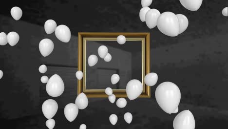 Red-particles-and-multiple-white-balloons-floating-against-a-frame-on-grey-background