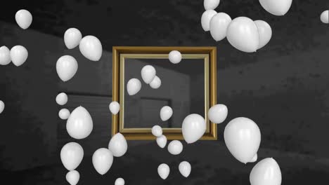 red particles and multiple white balloons floating against a frame on grey background