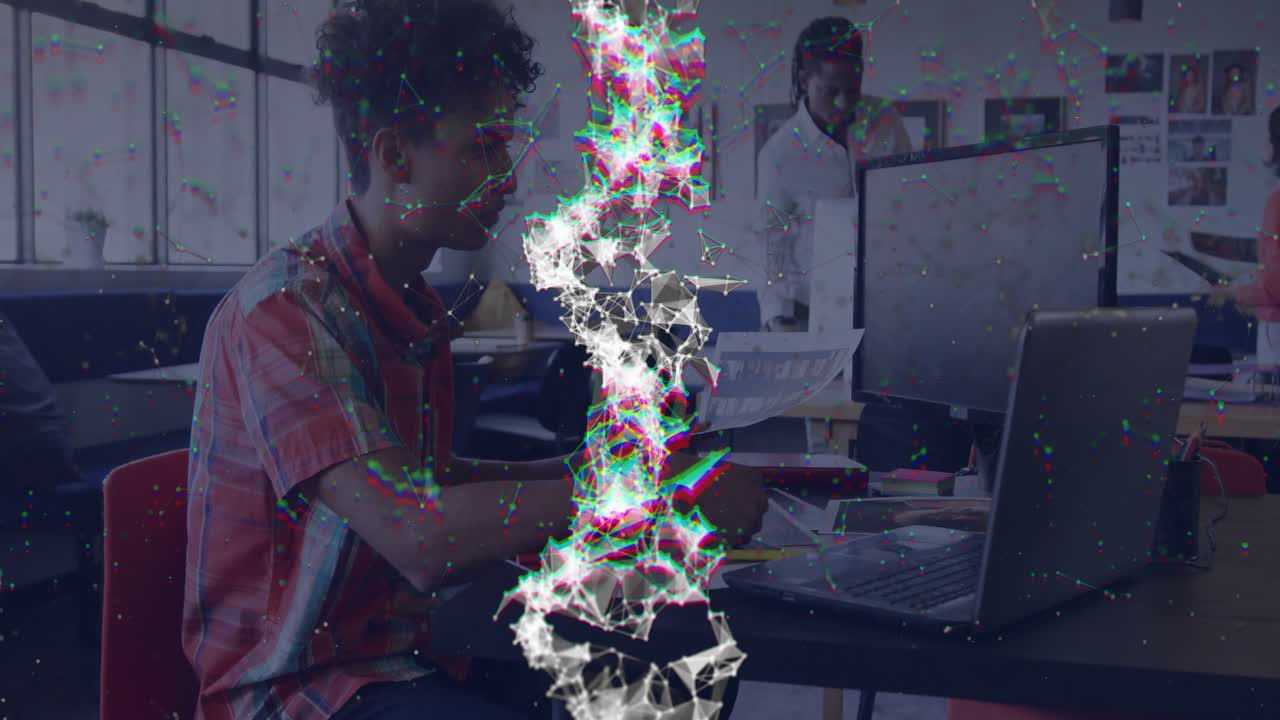 Glitch effect showing education reveal, man flipping papers and typing laptop, woman exiting frame