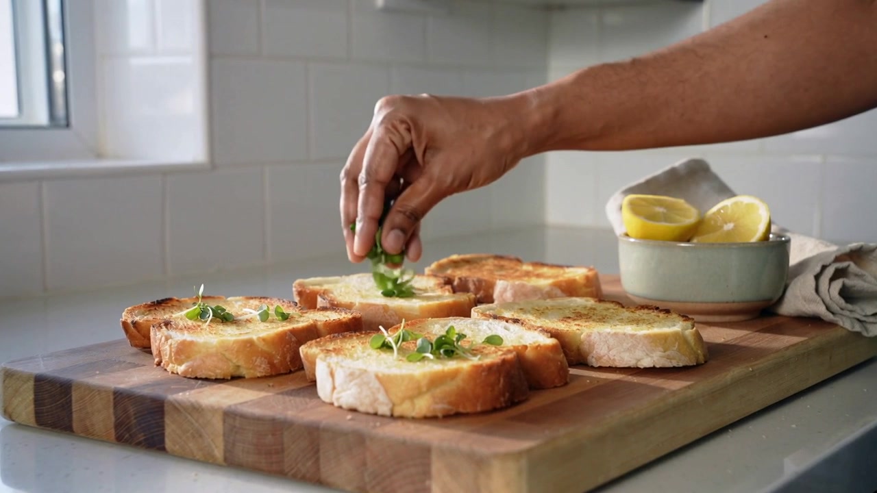 Entering from right, adult hand pinching and placing greens onto six toasts on wooden board plating