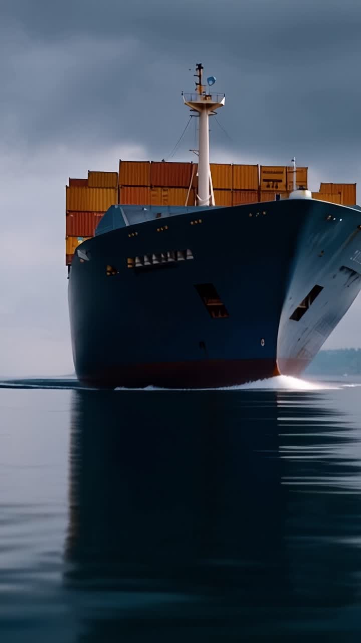 Un majestuoso buque portacontenedores navegando aguas tranquilas bajo cielos dramáticos, mostrando sus contenedores amarillos brillantes y su fuerte presencia en el mar
