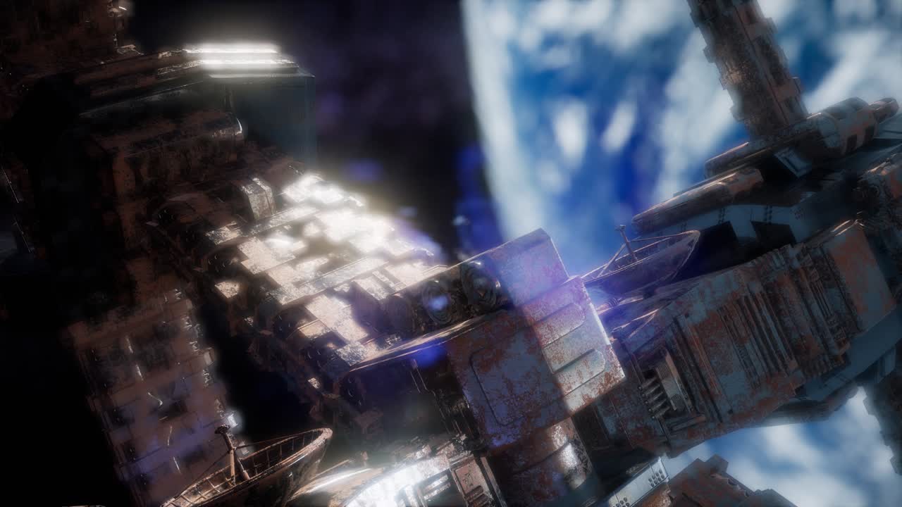 지구와 우주선의 모습. iss는 지구를 공전하고 있습니다.