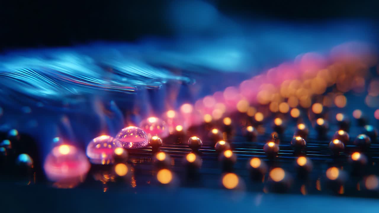 A Stunning Exploration of LED Light Patterns and Fluid Dynamics Captured in High Definition, Showcasing the Interaction Between Light and Liquid Droplets on a Textured Surface