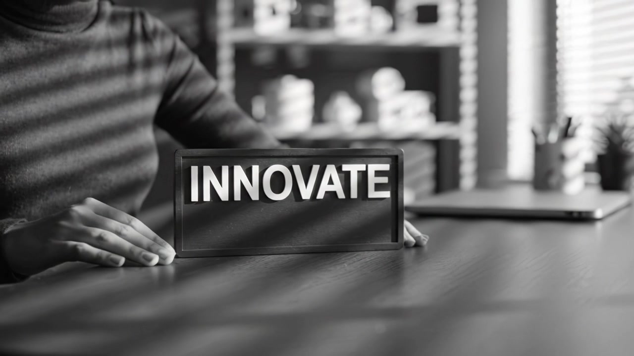 Fremviser innovationskraften: En kreativ person holder et 'INNOVATE'-skilt på et træbord, omgivet af et inspirerende arbejdsområde i sort og hvid.