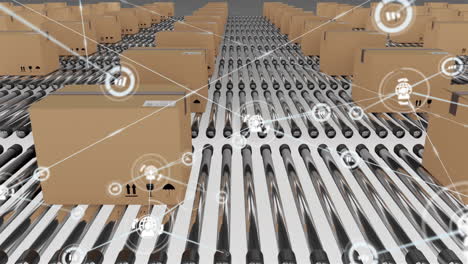 cajas en cintas transportadoras con conexiones de red y animación logística