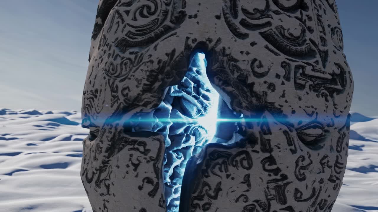 antiguo artefacto de piedra con glifos iluminados en un paisaje congelado
