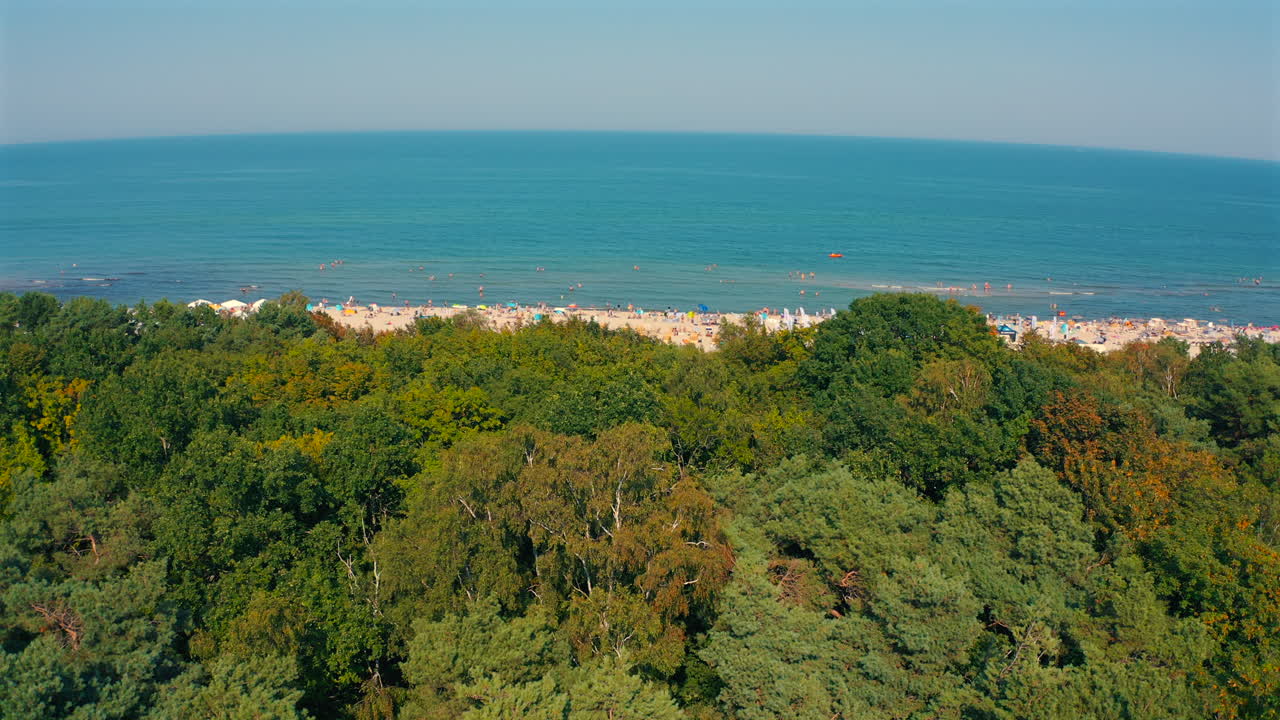 vista aérea de un avión no tripulado volando sobre el bosque hacia una playa abarrotada en un día soleado de verano con el mar báltico en el fondo