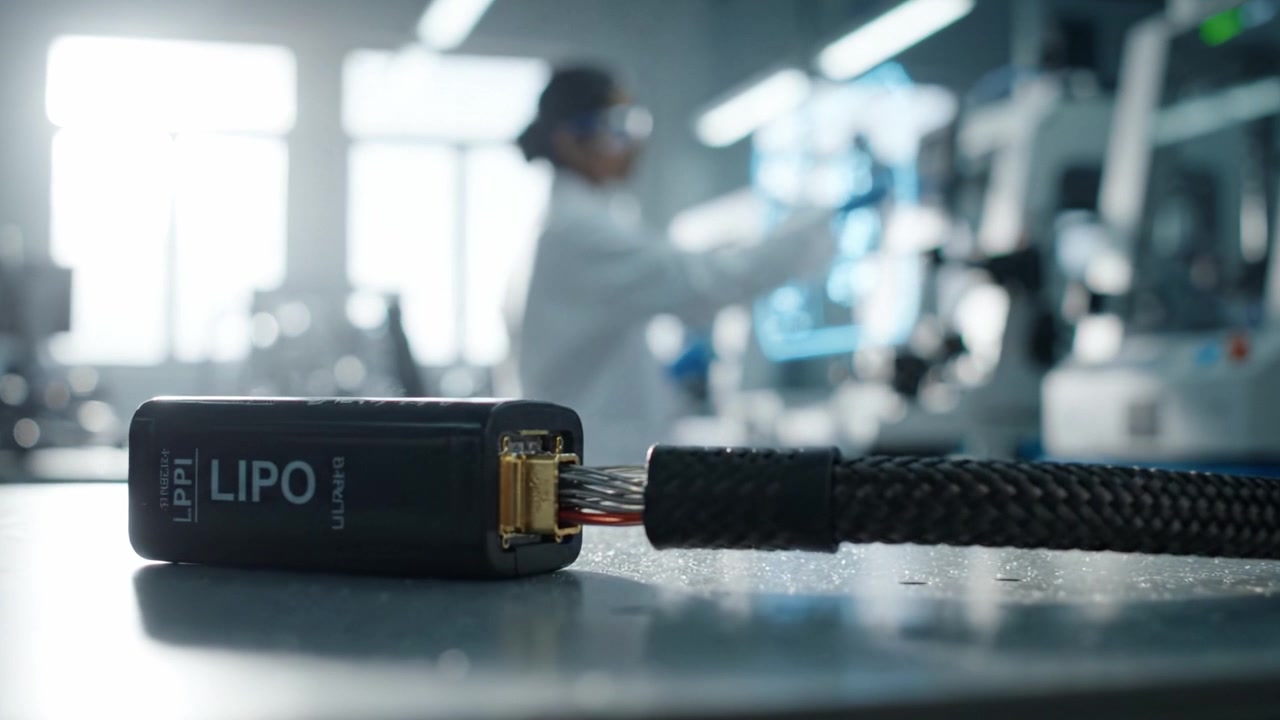 A Scientist Analyzing Lipo Battery Technology in a Modern Laboratory Setting with High-Tech Equipment and Innovative Research Practices for Energy Storage Solutions