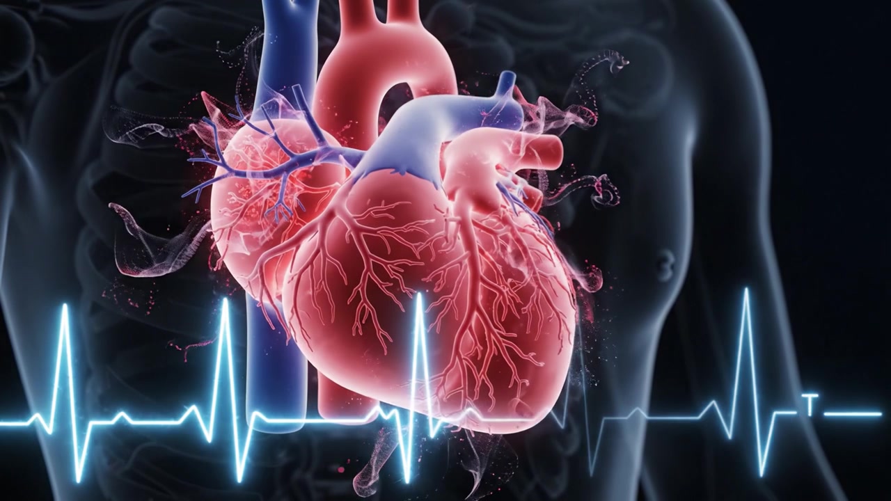 Anatomical Heart Illustration with Vibrant Blood Vessels and Pulse Waveform Representation in a Medical Context