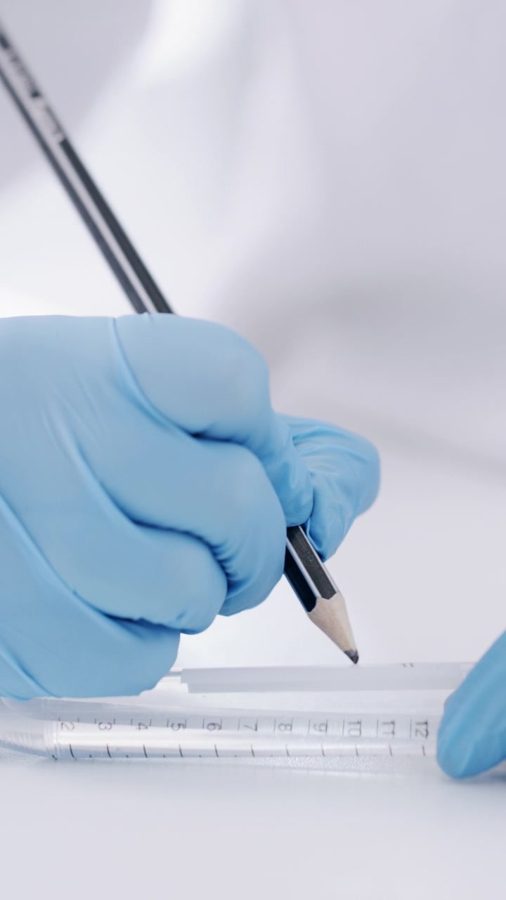 Scienziato che segna le misurazioni su una provetta da laboratorio
