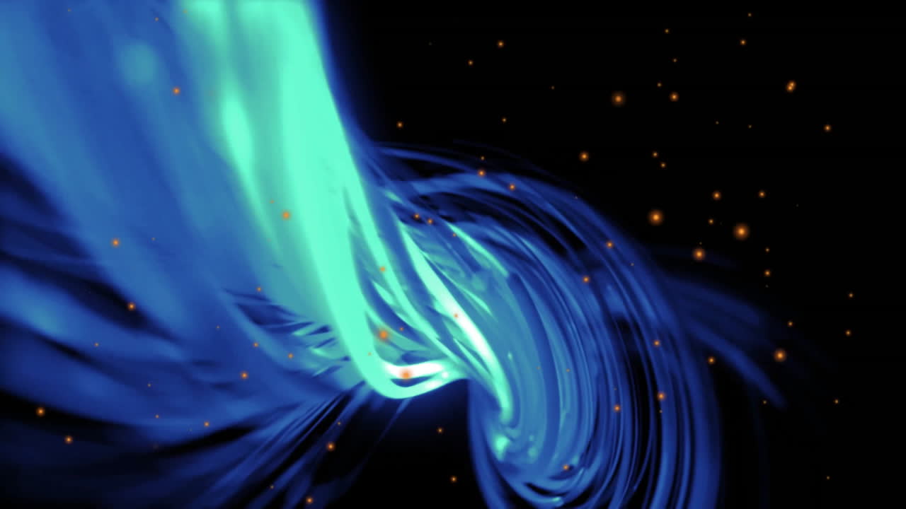 검은 바탕에 오렌지색 빛 반점 위에 반이는 파란색 에너지 흐름의 애니메이션