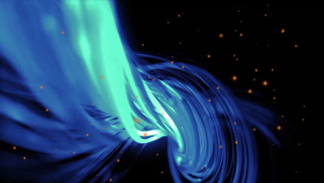 Animation of glowing blue energy stream over orange light spots on black background