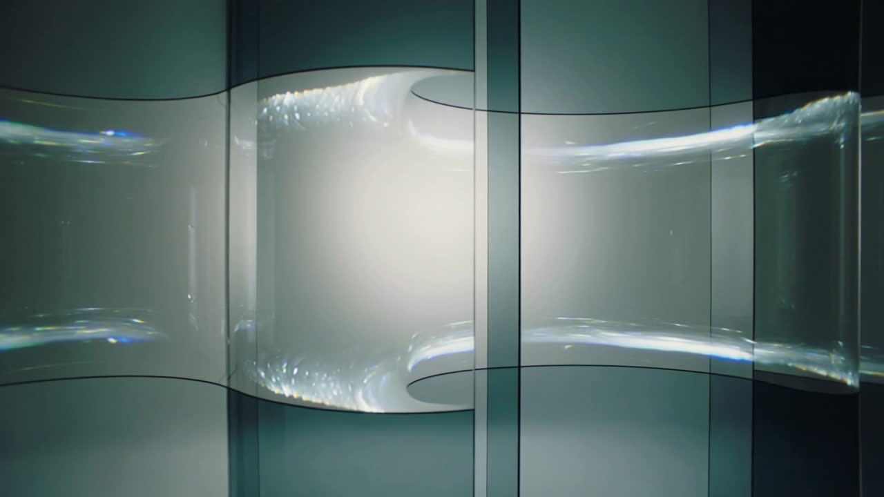 Projecting light sweeping across central bright panel and segmented glass at gallery, creating glow