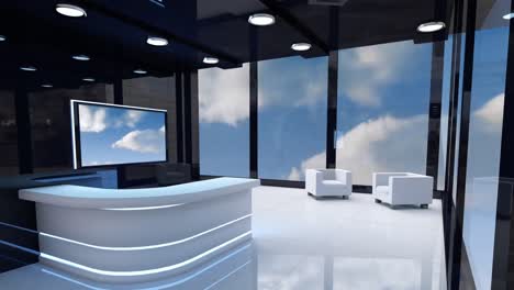 Modern-foyer-and-a-television-screen-with-blue-sky-and-clouds