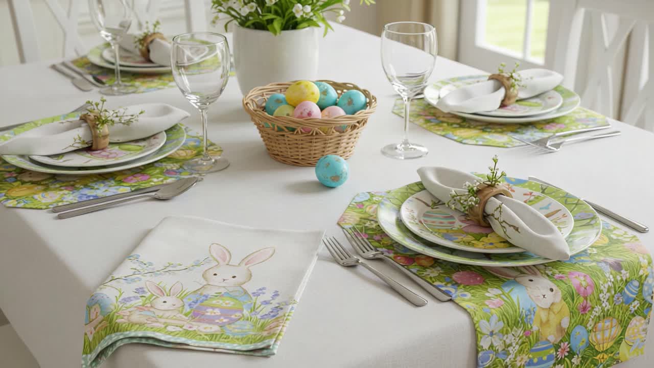 Beautifully Set Easter Dining Table with Decorative Plates, Colorful Eggs, and Floral Accents for a Festive Gathering