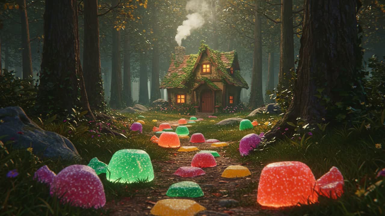 Enchanting Forest Scene Featuring a Whimsical Cottage Surrounded by Colorful Jelly-Like Creatures Illuminating the Pathway in a Dreamlike Atmosphere