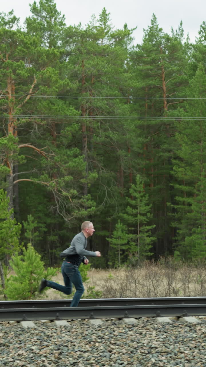 мужчина в сером пиджаке и синих джинсах бежит и энергично оглядывается вдоль железнодорожных путей, окруженный пышным зеленым лесом и желтыми столбами.