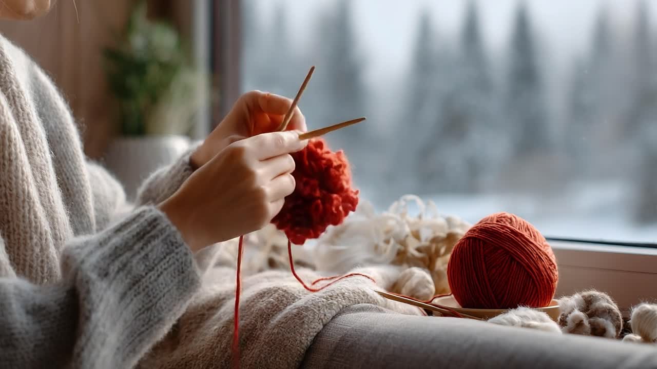 A Cozy Knitting Session by the Window with Soft Yarn and a Beautifully Crafted Creation in Progress Amidst a Serene Winter Landscape