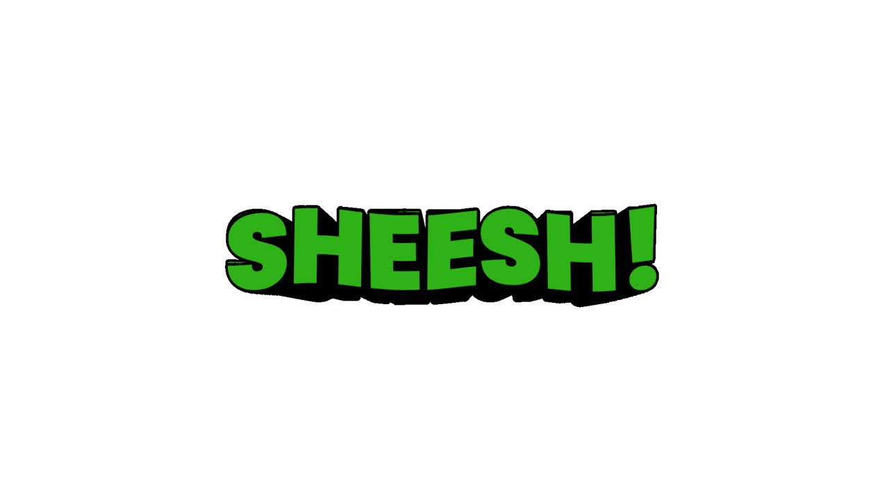 Animated Green 'Sheesh!' Text with Sparkles on White Background