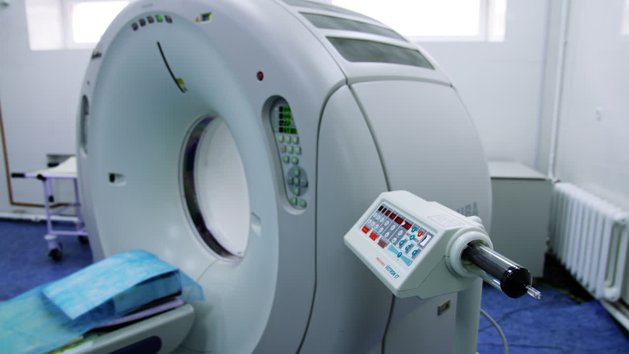 Toshiba equipment for magnetic resonance scanning in modern hospital laboratory. Top view perspective.