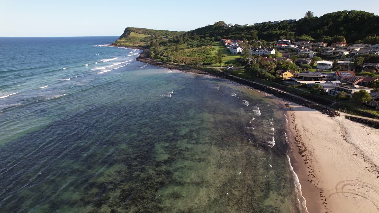 Pat Morton Lookout On Lennox Point Headland In Lennox Head, NSW, Australia. wide aerial shot