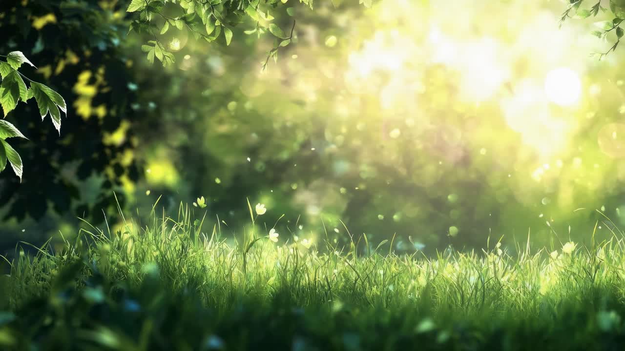 Serene nature scene with sunlight filtering through leaves, captured from a low-angle