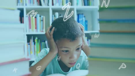 Digital-composition-of-multiple-alphabets-floating-against-boy-covering-his-ears-in-library