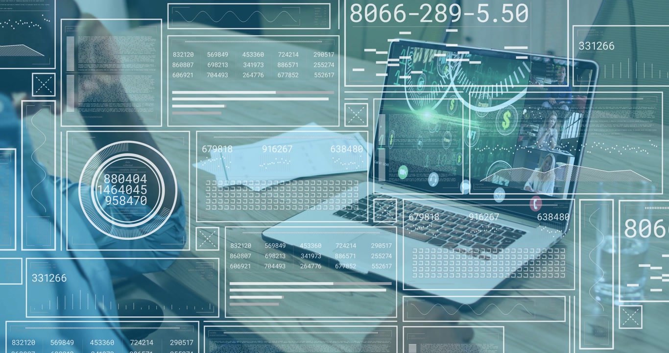 Woman powering laptop, joining call, encryption icons and charts processing finance transaction