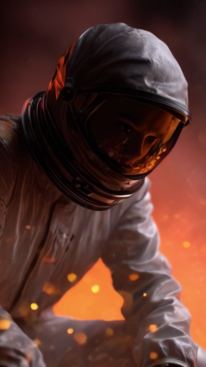 En futuristisk astronaut står med et gådefuldt udtryk, omgivet af hvirvlende gnister og glødende gløder, der legemliggør essensen af rumudforskning og eventyr.