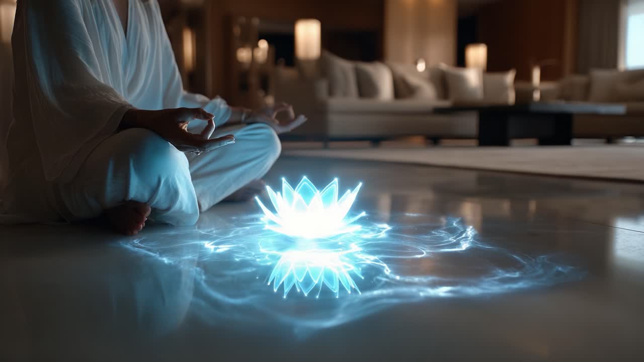 Huzurlu Bir Zeminde, Aydınlanmış Akan Enerjiye ve Güzel, Işıklı Bir Lotus Çiçeğine Sahip Sakin Bir Meditasyon Uygulaması.