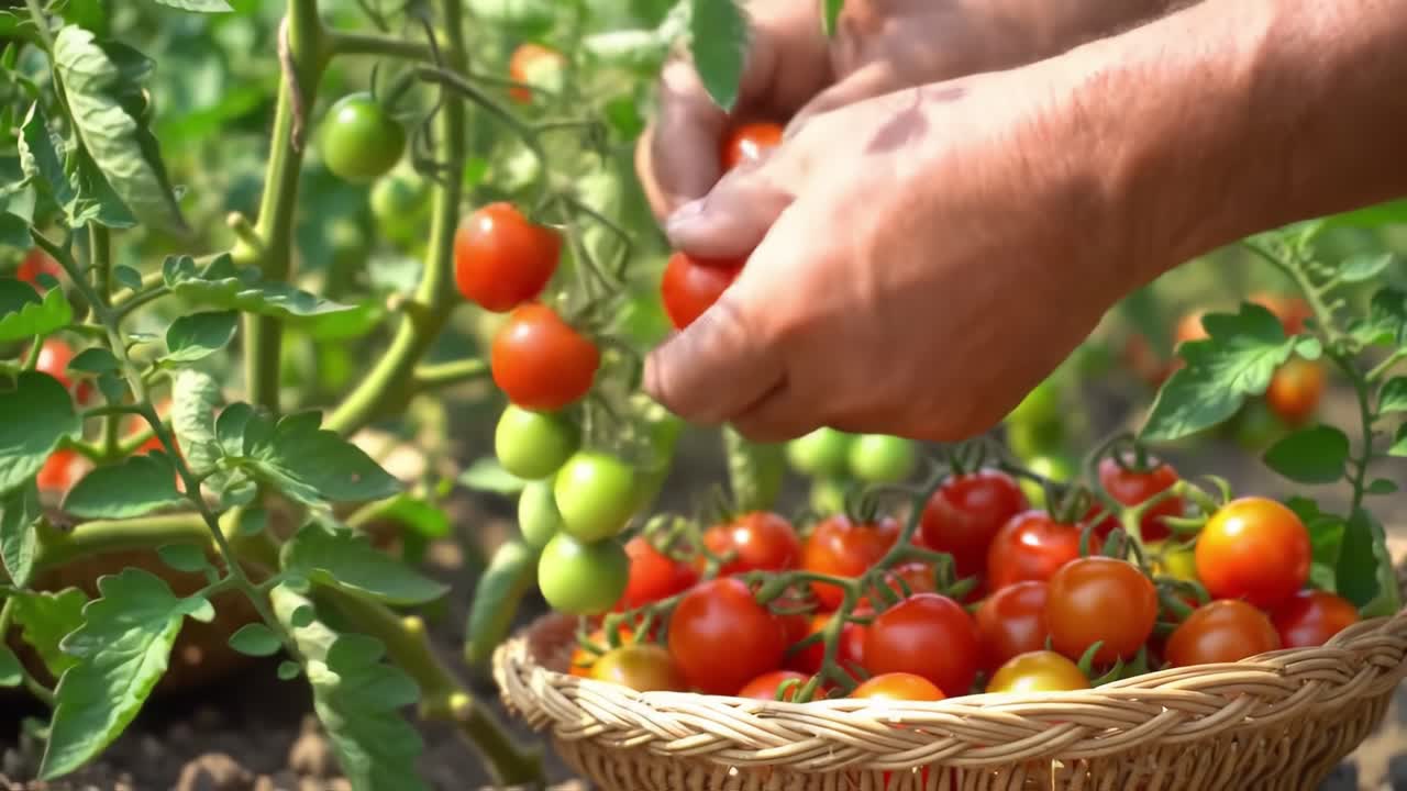 Harvesting Fresh Cherry Tomatoes from a Lush Garden: A Close-Up of Hands Collecting Ripe Produce into a Basket Surrounded by Greenery and Fresh Vegetation