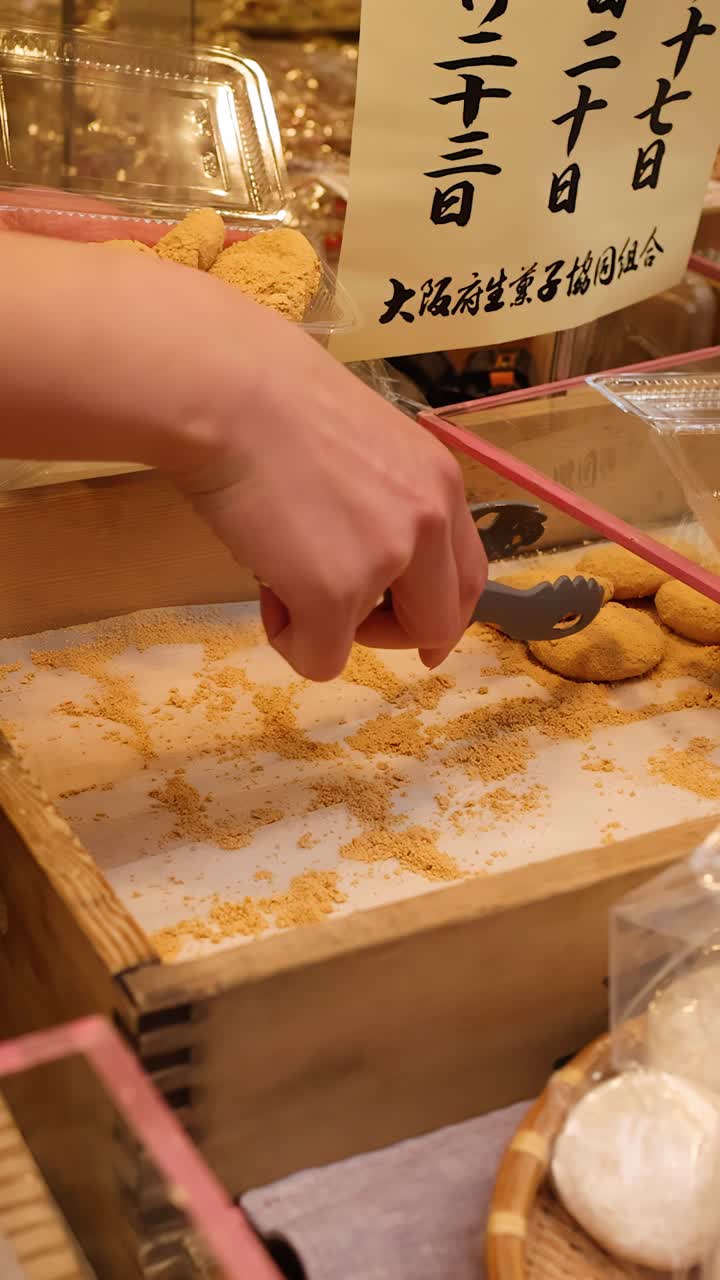 Un venditore usa delle pinze per mettere warabi mochi ricoperti di kinako in un contenitore al mercato di Kuromon