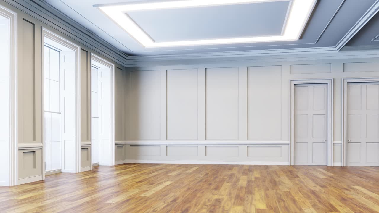 Spacious Empty Modern Room with Hardwood Floor and Bright Windows