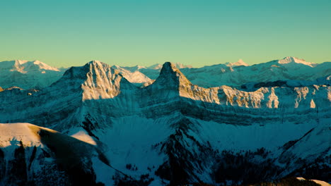 Dent-de-Brenleire-And-Dent-de-Folliéran-Summits,-Autumn-Sunset-In-Fribourg,-Switzerland---Aerial-Shot