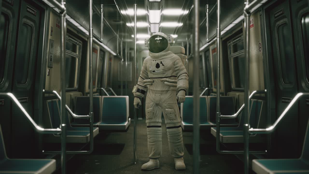 astronauta dentro del viejo vagón de metro no modernizado en ee.uu.