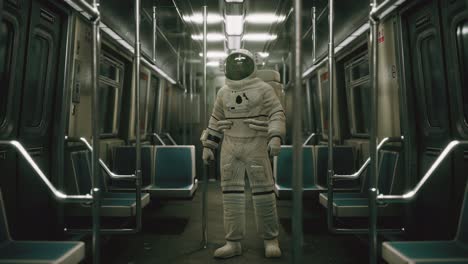 astronauta dentro del viejo vagón de metro no modernizado en ee.uu.