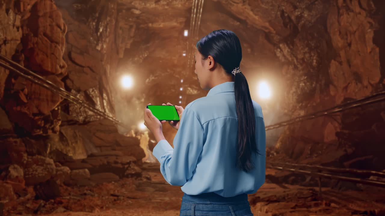 Back View Of Asian Female In Underground Mine Tunnel, Checking On Smartphone With Green Screen And Look At Mine Tunnel