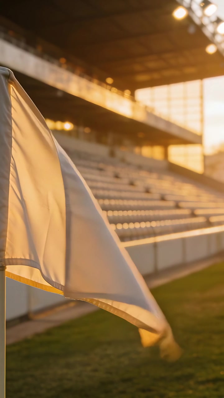 Vertical video: Waving white corner flag on pole in breeze at stadium, fringe flapping, copy space