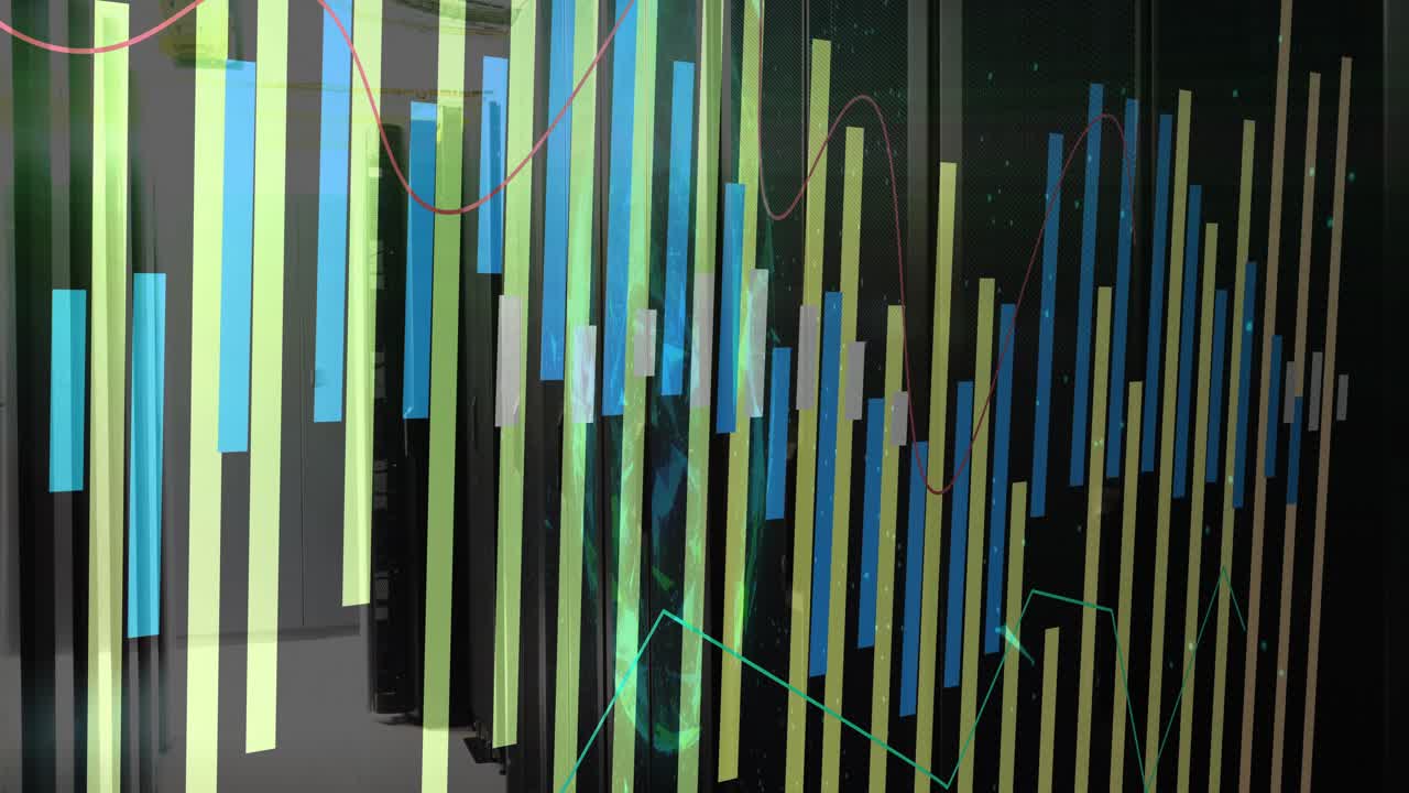 On data load neon bars rising, sliding across chart while globe glowing to show live trends