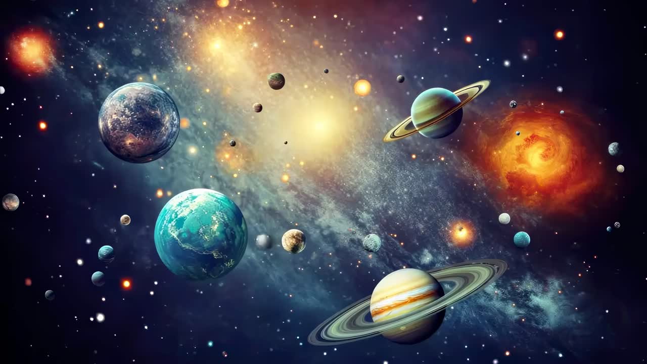 Una scena video cosmica che mostra pianeti e stelle in una galassia vibrante