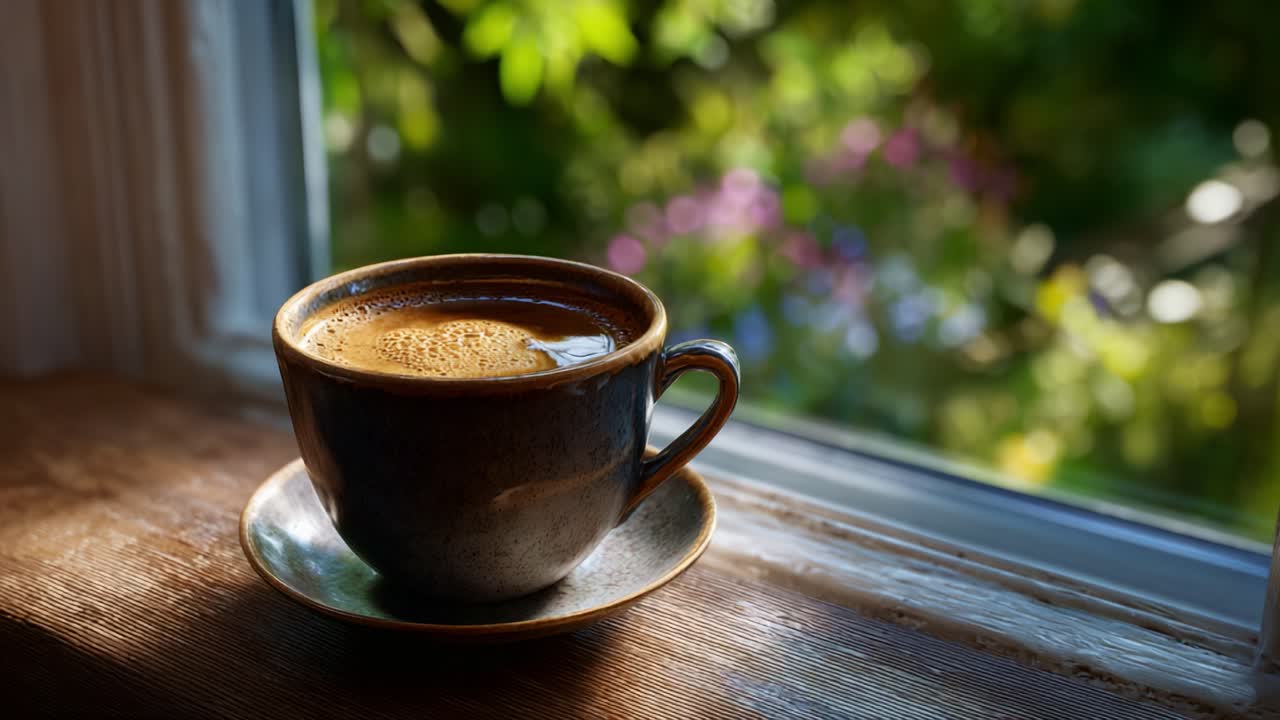 Una tranquilla scena mattutina con una tazza di caffè fumante appoggiata su un davanzale di legno, con una vegetazione lussureggiante e fiori colorati leggermente sfocati sullo sfondo
