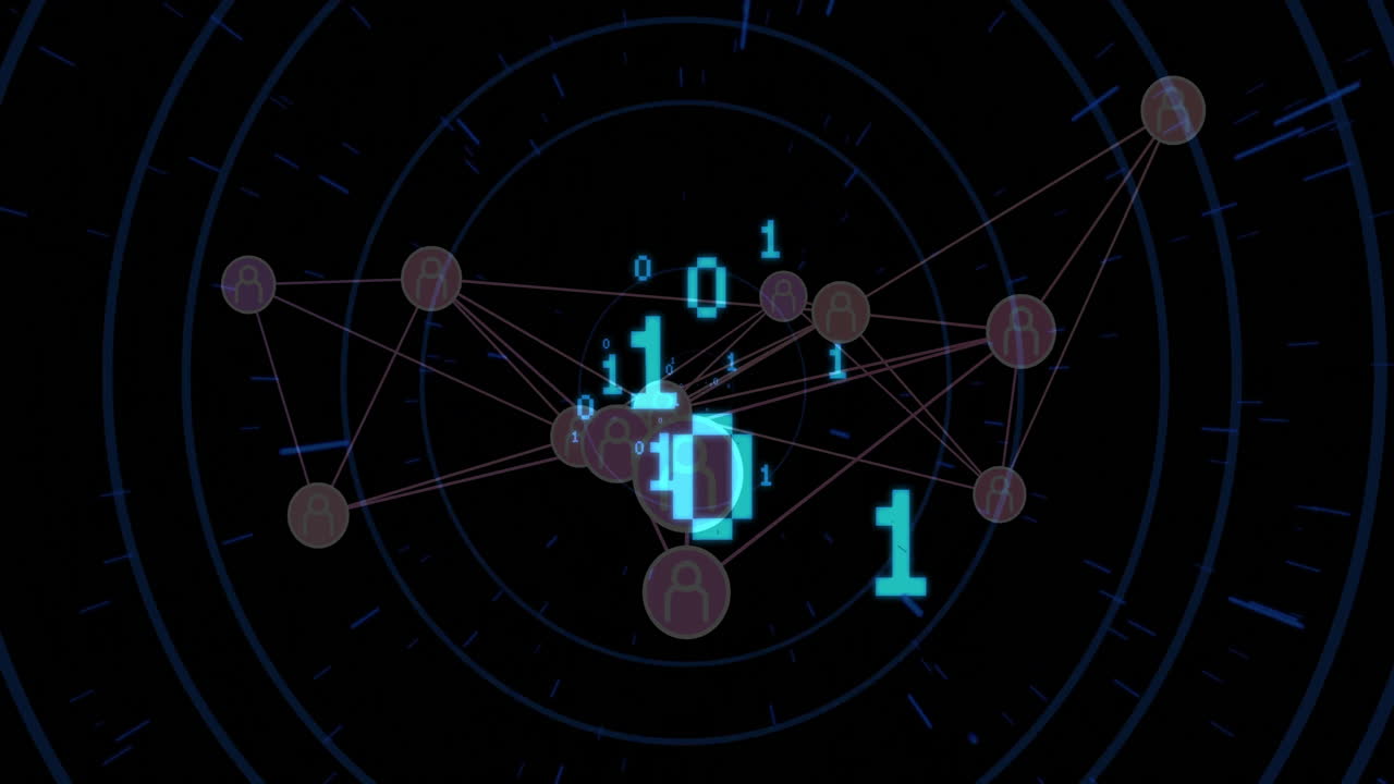 Network of connections and binary code animation over digital interface background