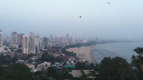 una toma cinematográfica de un dron del famoso punto de playa chaupati de marine drive en la región sur de bombay de la ciudad de mumbai, con vistas a la colina del jardín colgante y al bosque en cámara lenta y suave