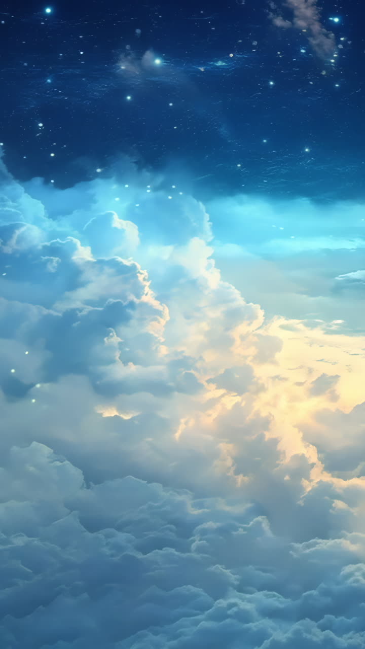 The sky is filled with clouds and stars. The sky is a beautiful blue color Vertical video